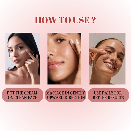 Instructions on how to use a skincare product with images of a woman applying cream.
