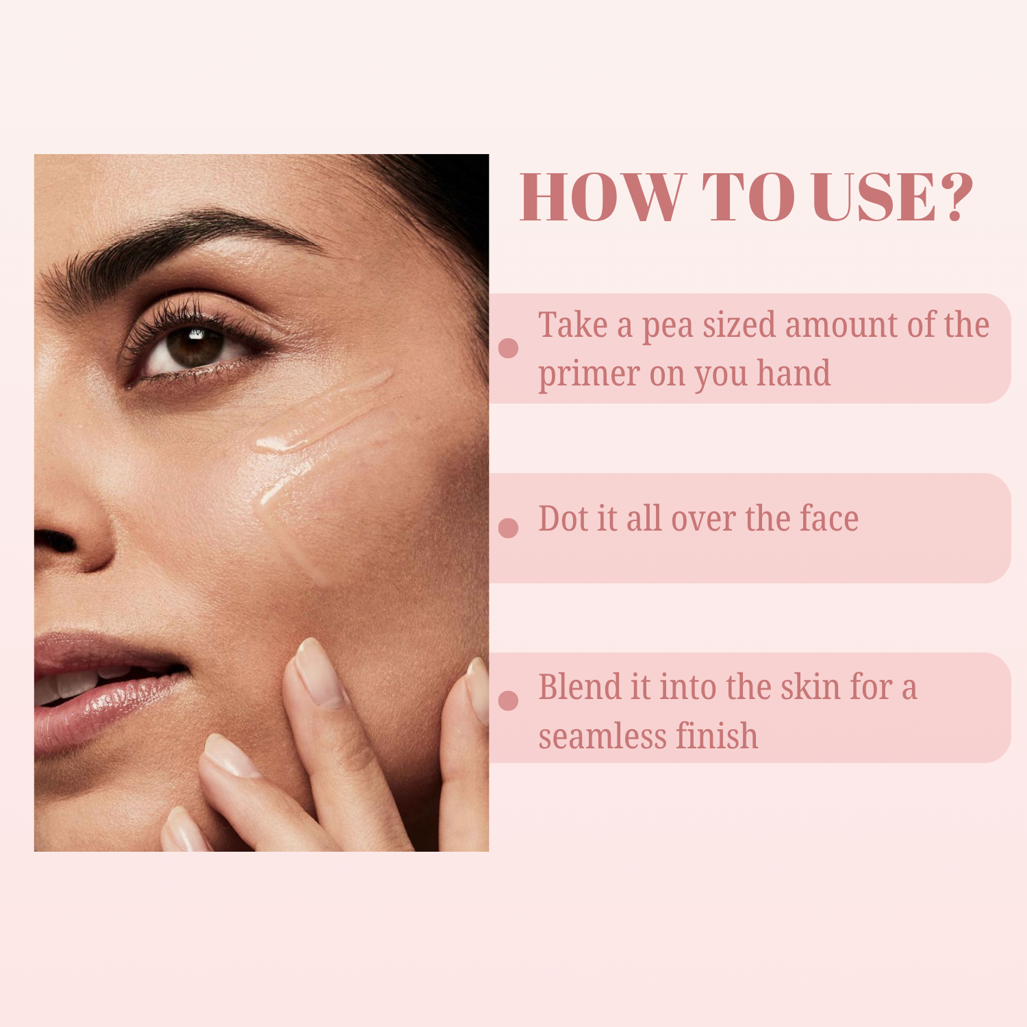 Instructions on applying a skincare primer with a close-up of a woman's face.