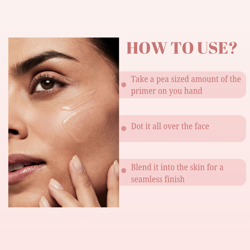 Instructions on applying a skincare primer with a close-up of a woman's face.