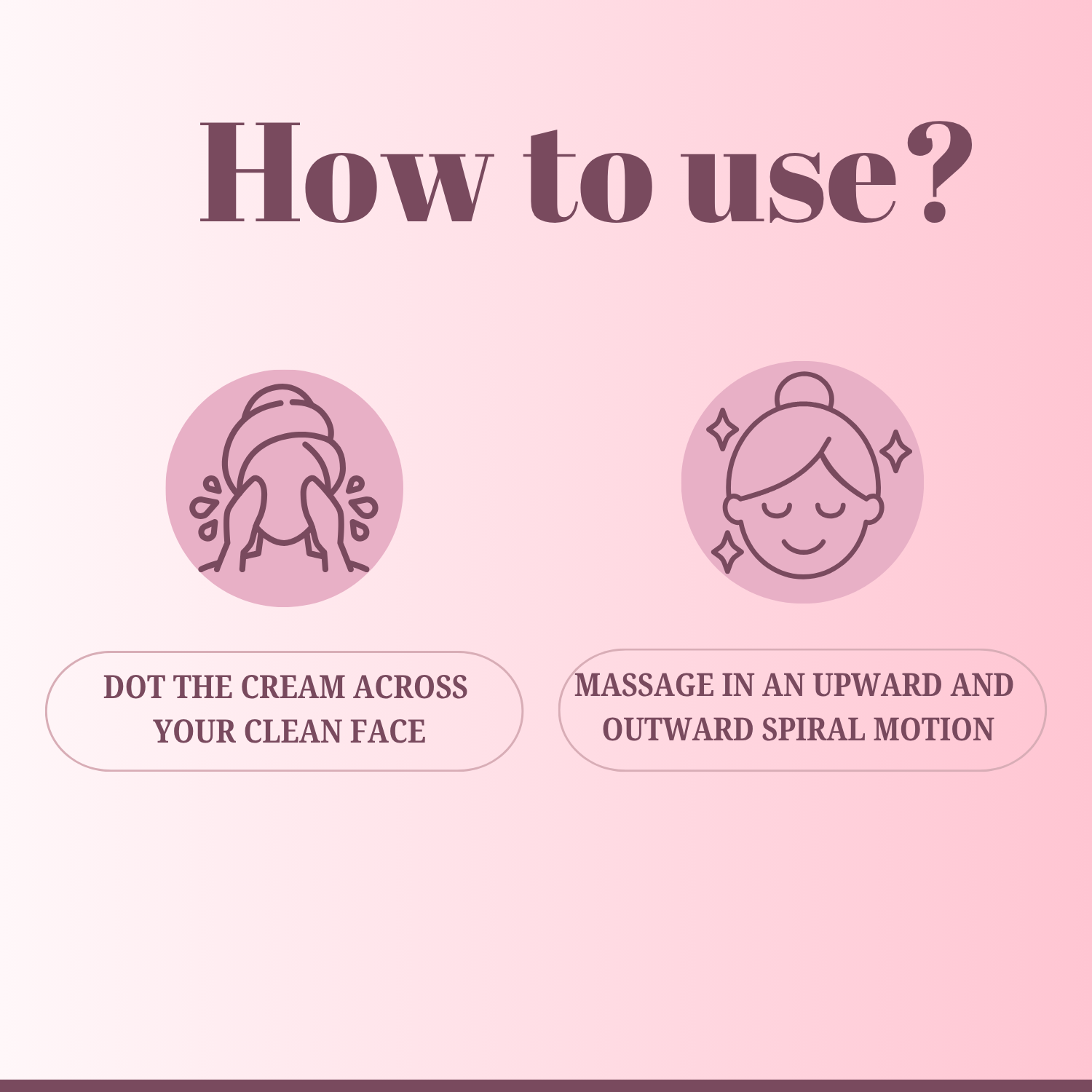 Instructions on how to use a cream with icons and text on a pink background