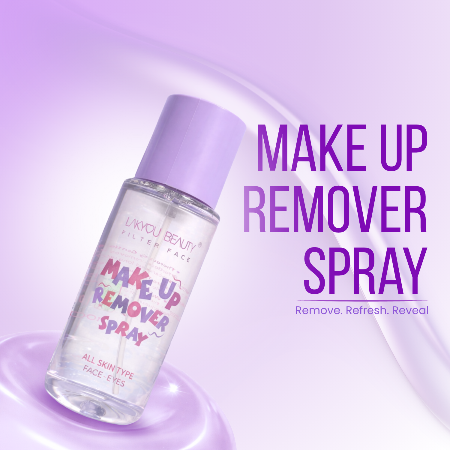 Makeup remover spray bottle with a purple cap on a light purple background