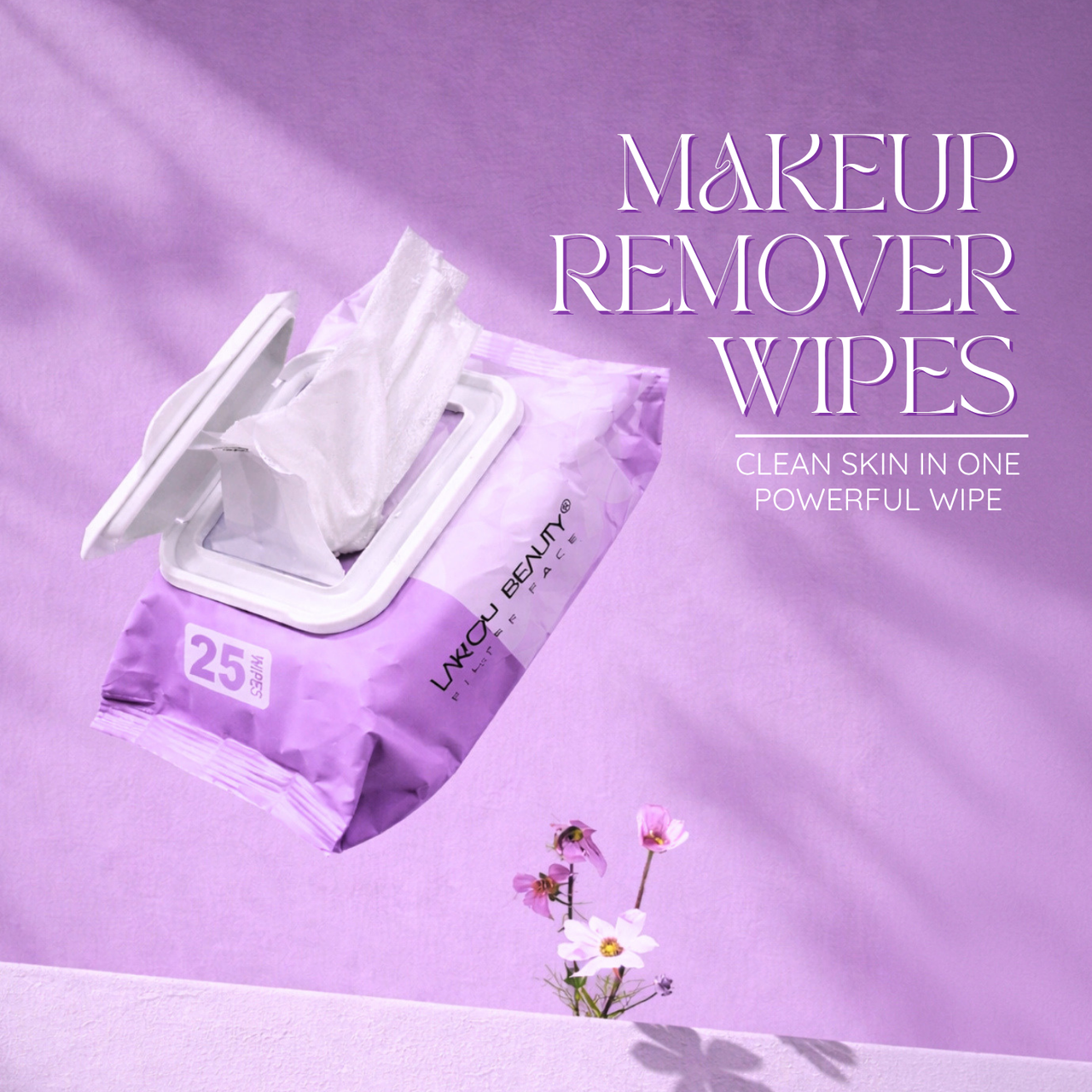 Makeup remover wipes with a floral arrangement on a purple background