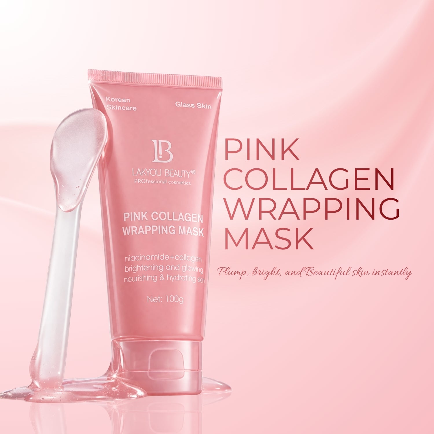 Pink collagen wrapping mask with applicator on a pink background