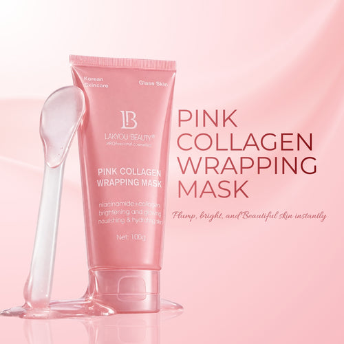 Pink collagen wrapping mask with applicator on a pink background