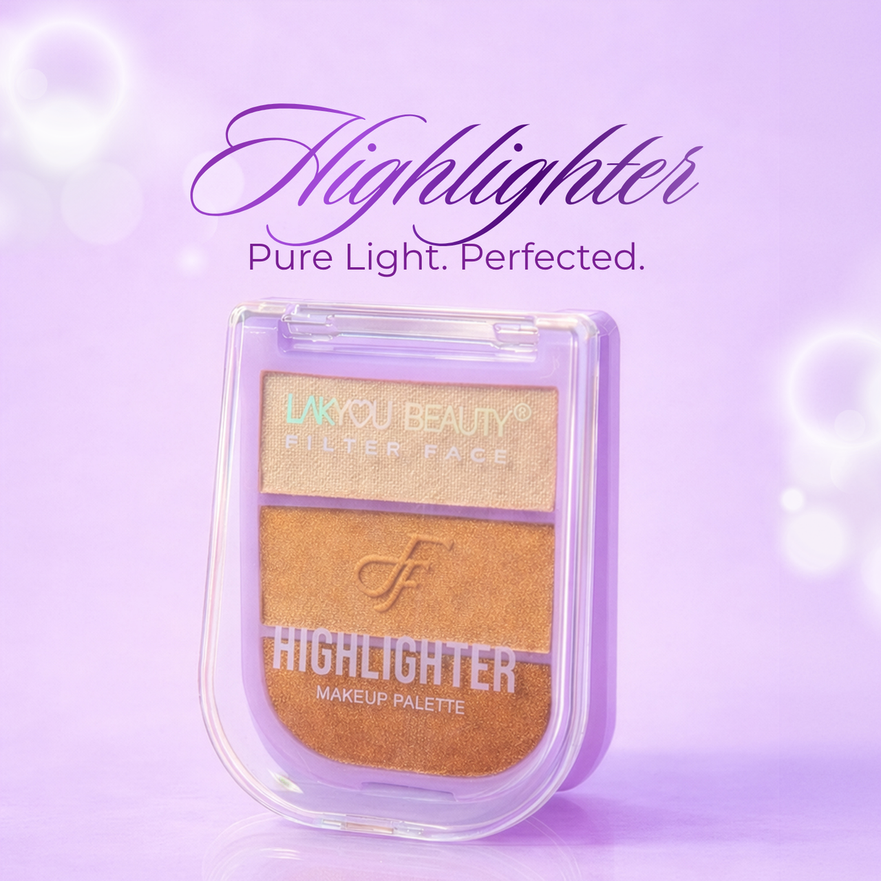 Makeup palette labeled 'Highlighter' with a purple background