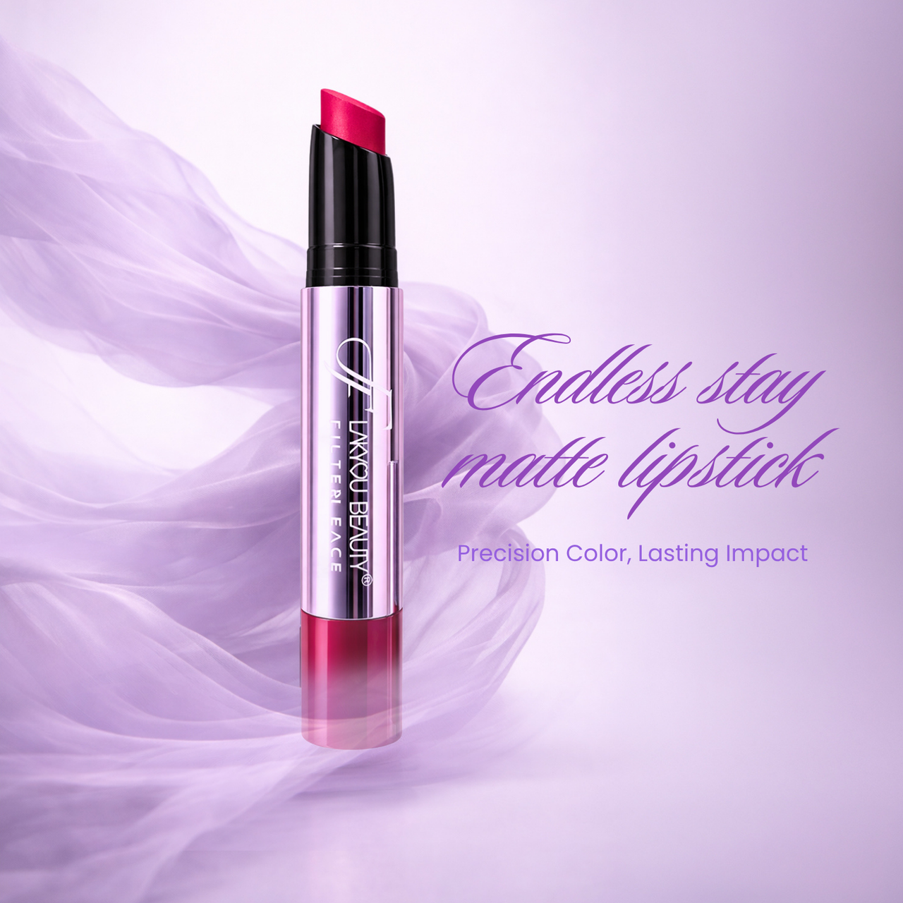 Lorac Beauty matte lipstick on a purple background with text about lasting impact.