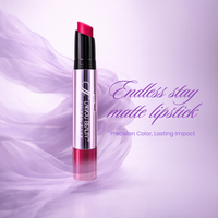 Lorac Beauty matte lipstick on a purple background with text about lasting impact.