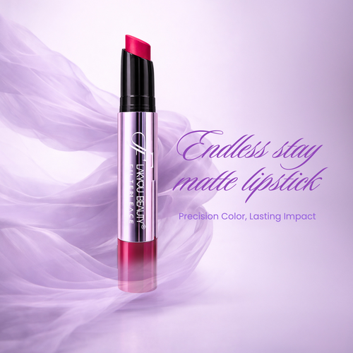 Lorac Beauty matte lipstick on a purple background with text about lasting impact.