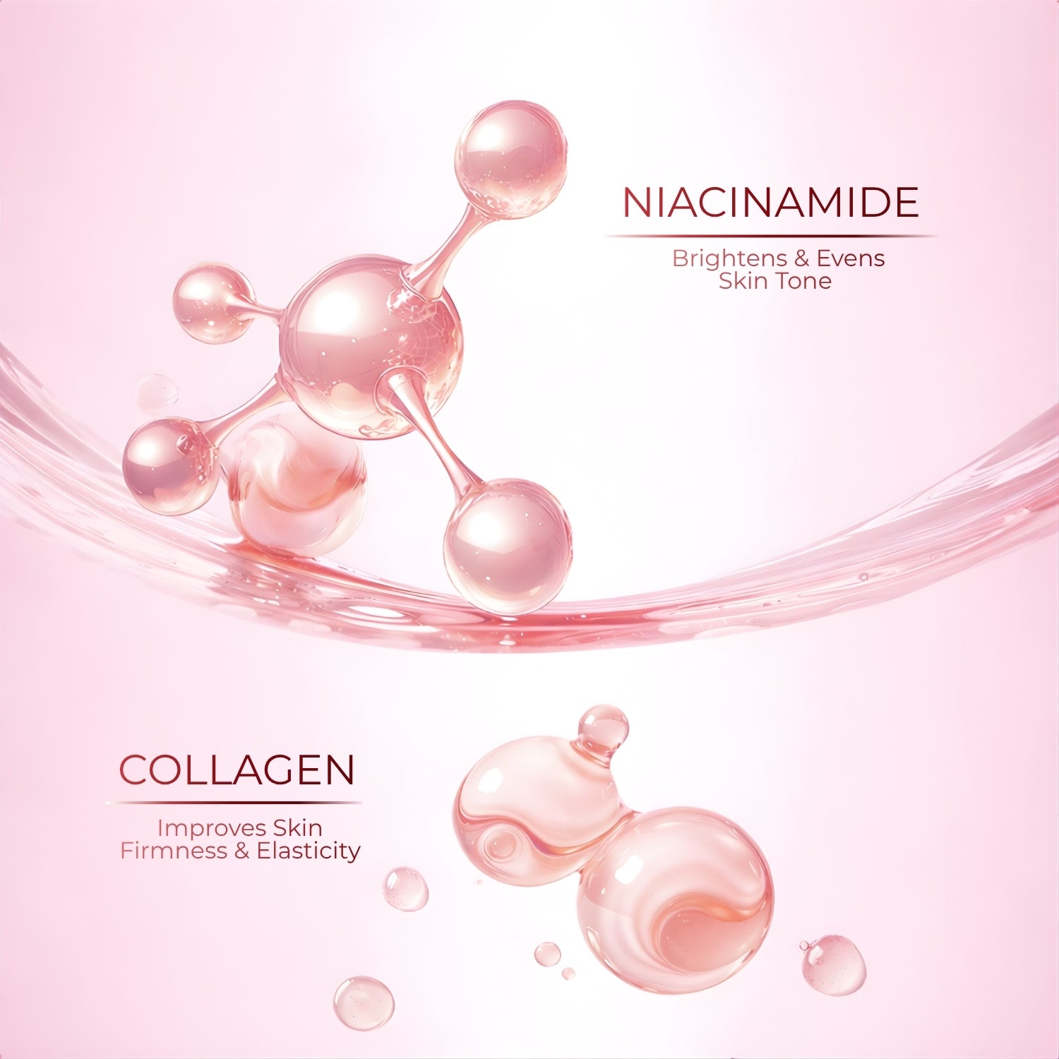 Collagen and niacinamide molecules on a pink background with text describing their benefits.