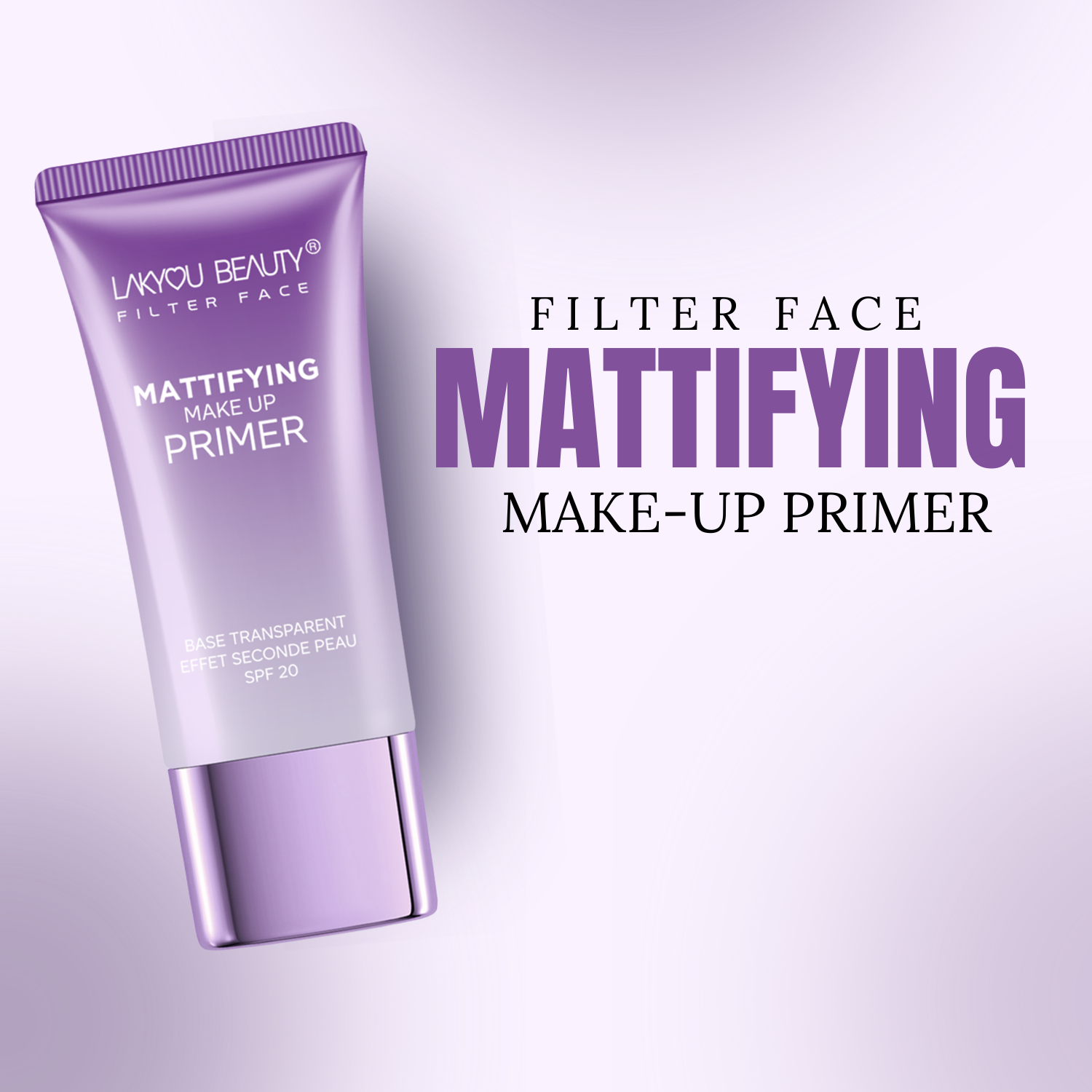 Purple tube of Lakyou Beauty Filter Face Mattifying Make-Up Primer on a light purple background