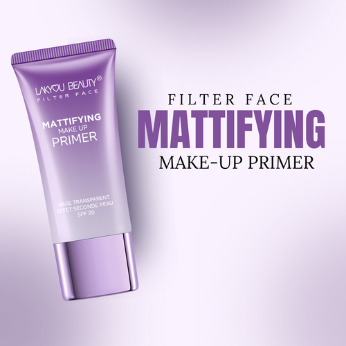Purple tube of Lakyou Beauty Filter Face Mattifying Make-Up Primer on a light purple background