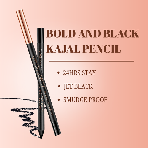 Two kajal pencils with text highlighting features on a pink background
