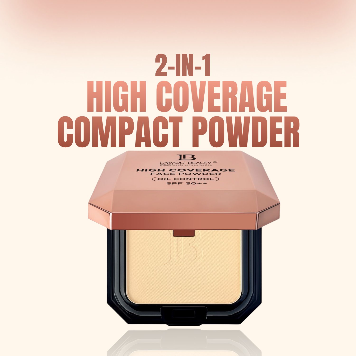 2-in-1 high coverage compact powder with brand logo on a gradient background