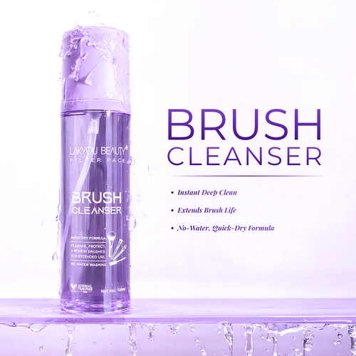 Lavender bottle of brush cleanser with text on a white background
