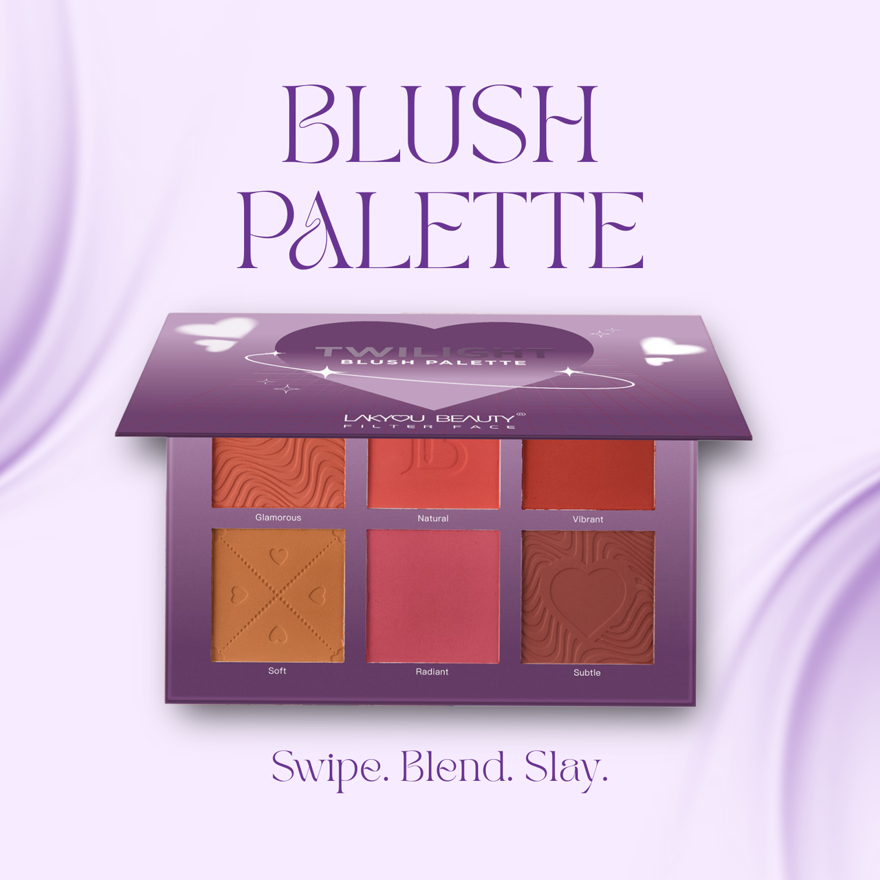 Lakyou Beauty blush palette with swatches on a light purple background