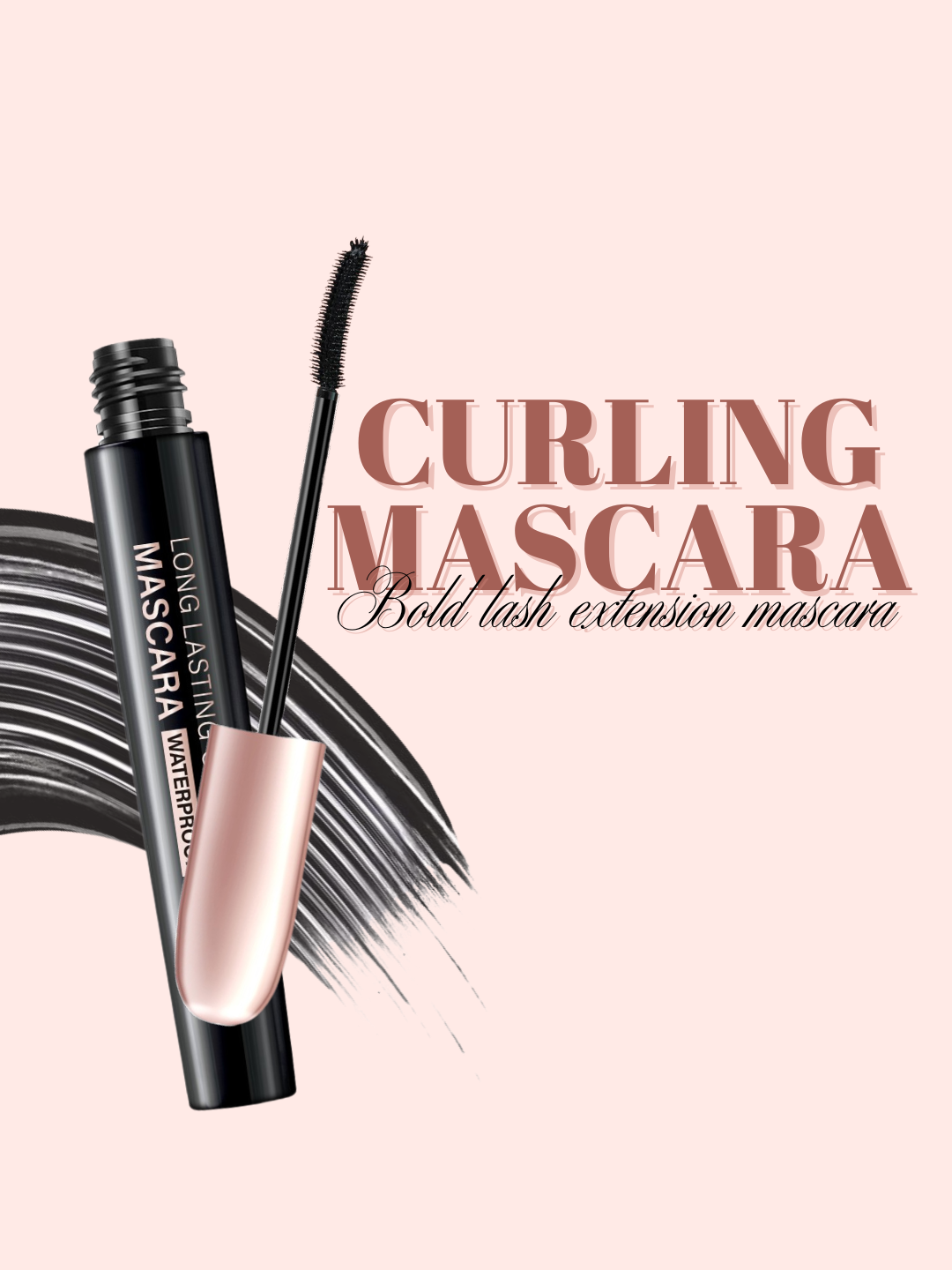 Mascara with a brush on a light pink background, featuring text 'Curling Mascara' and 'Long Lasting'.
