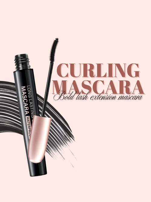 Mascara with a brush on a light pink background, featuring text 'Curling Mascara' and 'Long Lasting'.