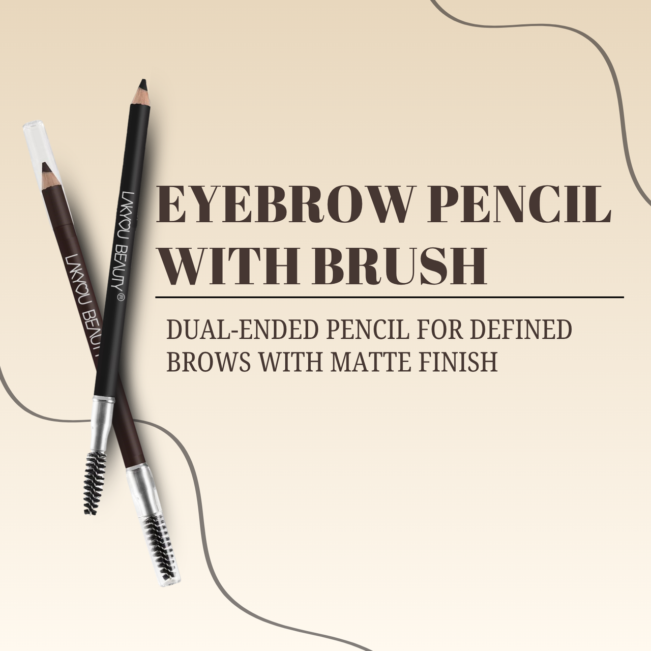 Eyebrow pencil with brush on a beige background with text describing the product.
