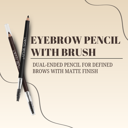 Eyebrow pencil with brush on a beige background with text describing the product.