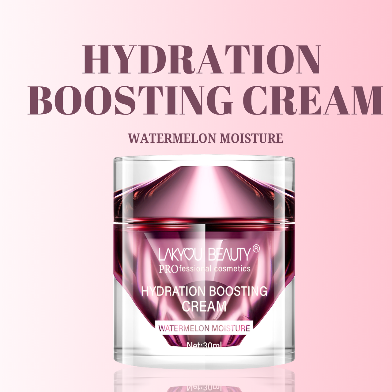 Hydration boosting cream jar with pink and purple design on a light pink background