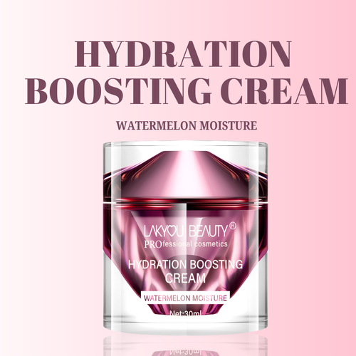 Hydration boosting cream jar with pink and purple design on a light pink background