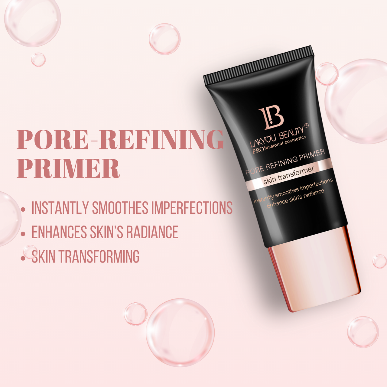 Lakyou Beauty pore-refining primer tube on a pink background with product details.