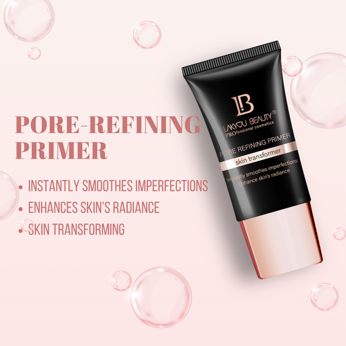 Lakyou Beauty pore-refining primer tube on a pink background with product details.