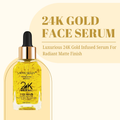 24K Gold Face Serum bottle with dropper on a beige background