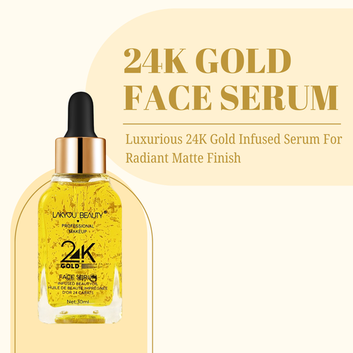24K Gold Face Serum bottle with dropper on a beige background