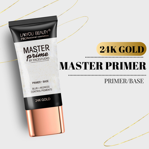 Lakou Beauty Master Prime 24K Gold primer bottle on a light gray background