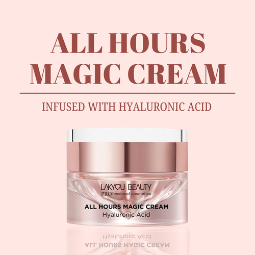 Lakyou Beauty All Hours Magic Cream jar with text on a pink background
