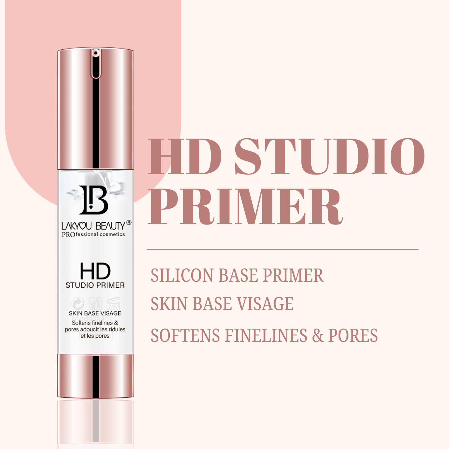 HD Studio Primer bottle with product details on a pink background