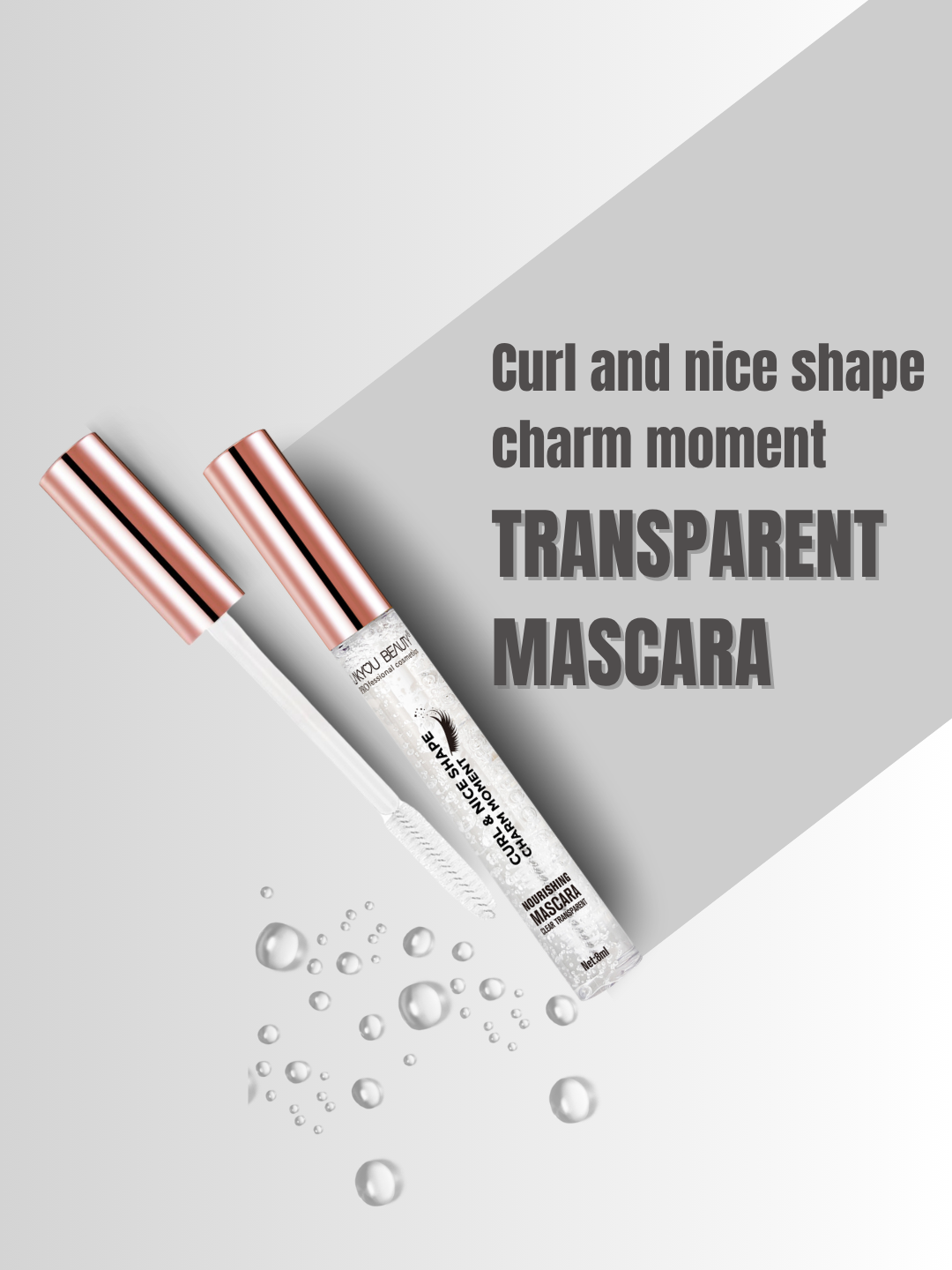 Transparent mascara with rose gold tips on a gray background