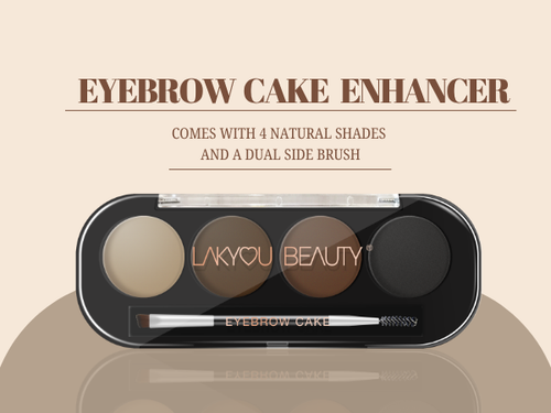 Eyebrow cake enhancer set with four natural shades and a dual side brush on a beige background.