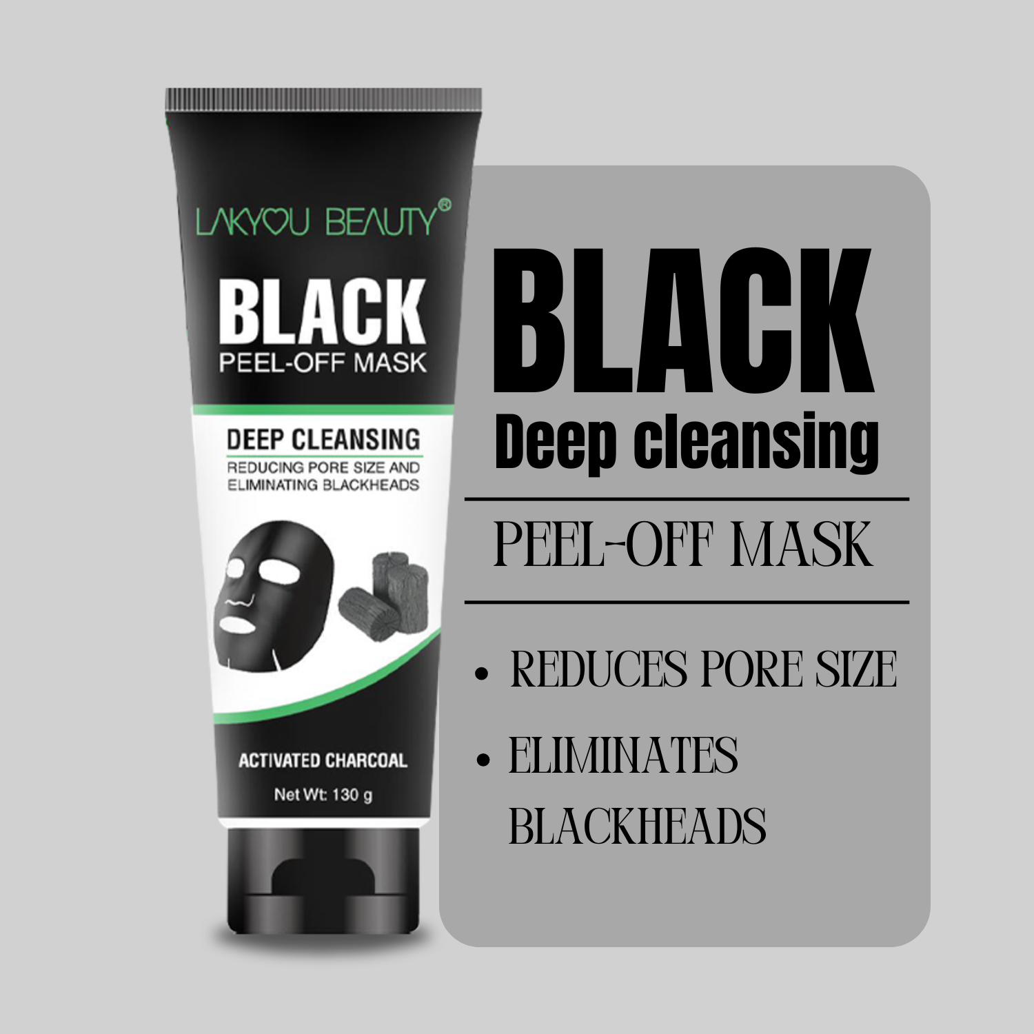 LAKYOU BEAUTY Black Peel-Off Mask packaging on a gray background