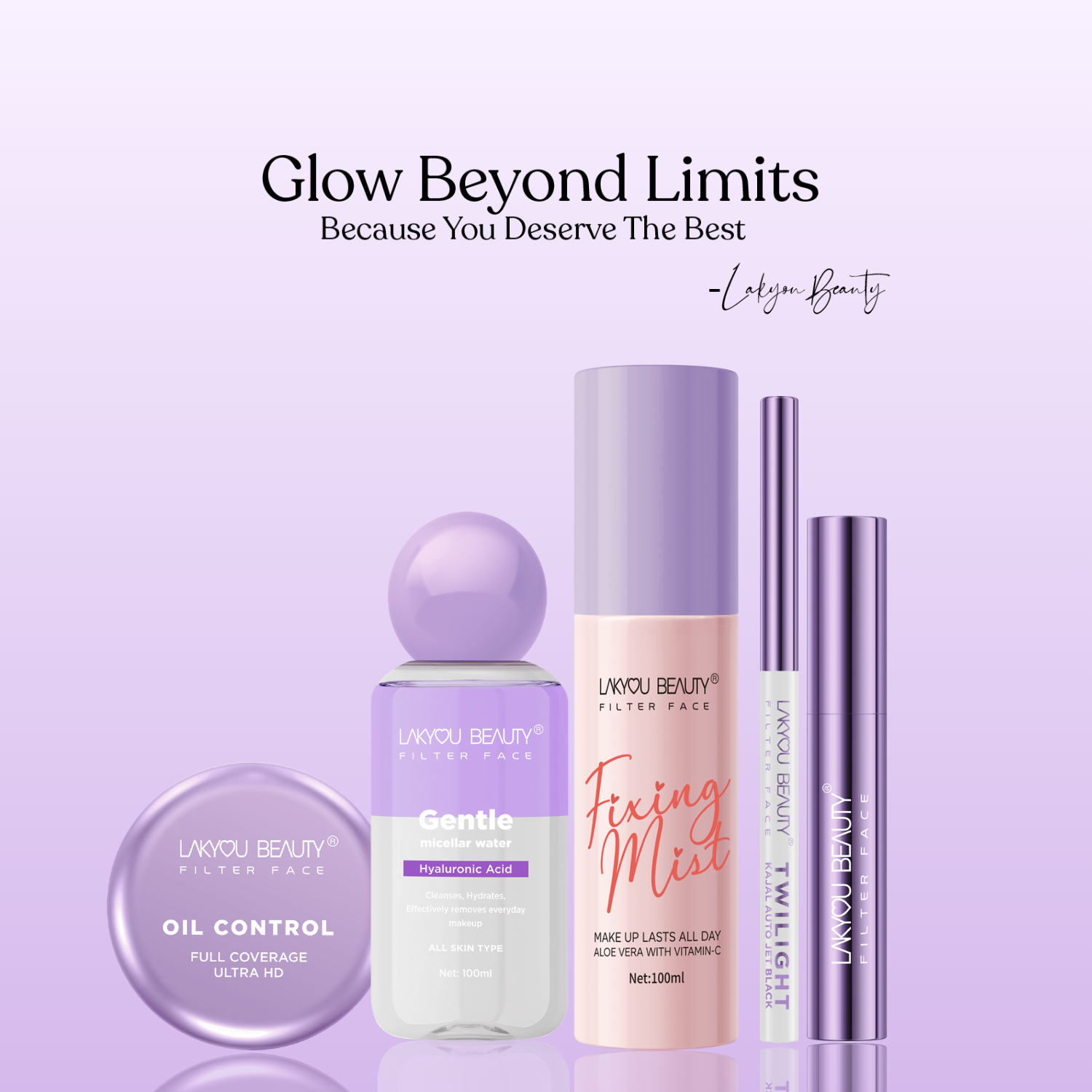 Lavender beauty product set with 'Glow Beyond Limits' text on a light purple background