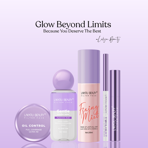 Lavender beauty product set with 'Glow Beyond Limits' text on a light purple background