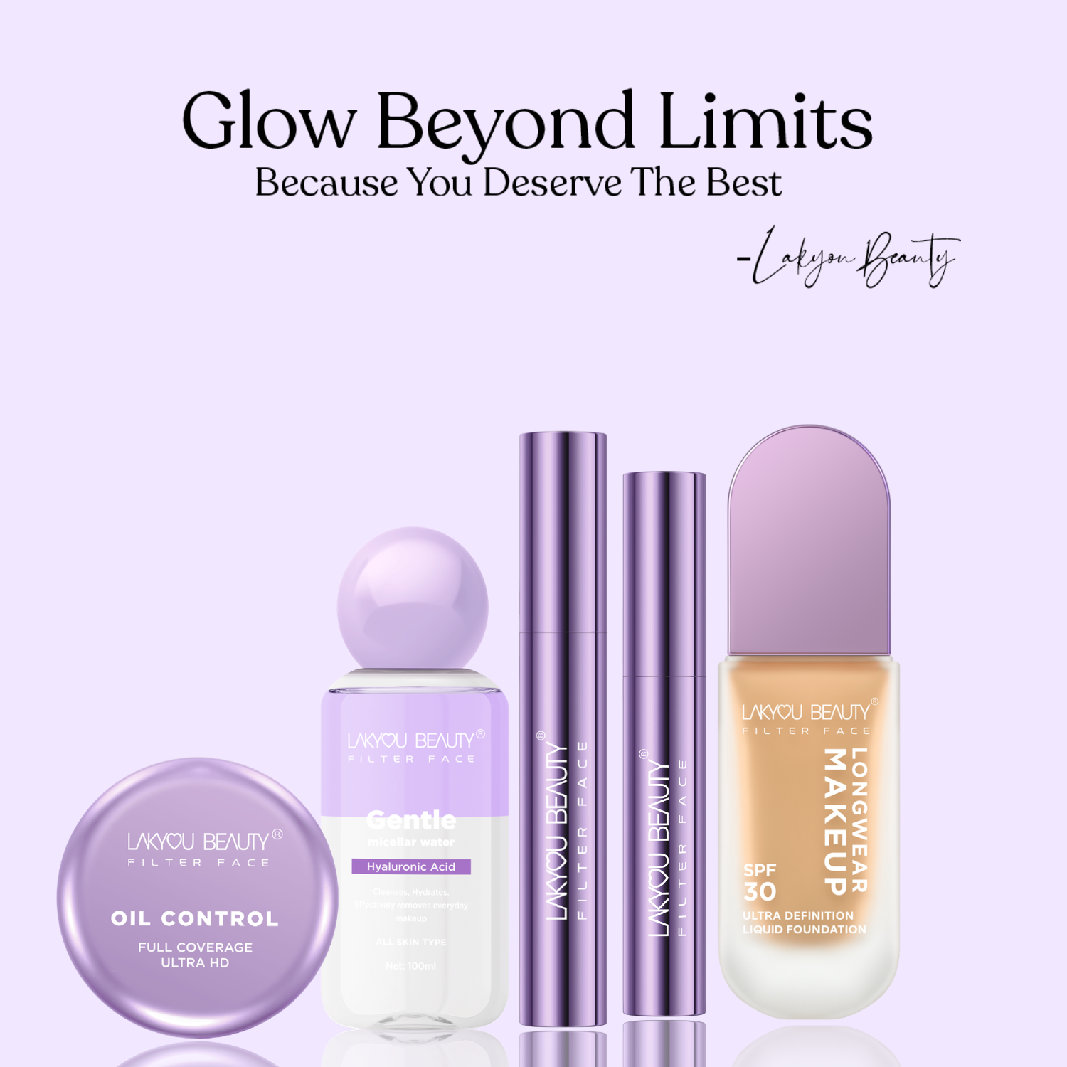 Lakyou Beauty product set with bottles and packaging on a light purple background, featuring the brand name.