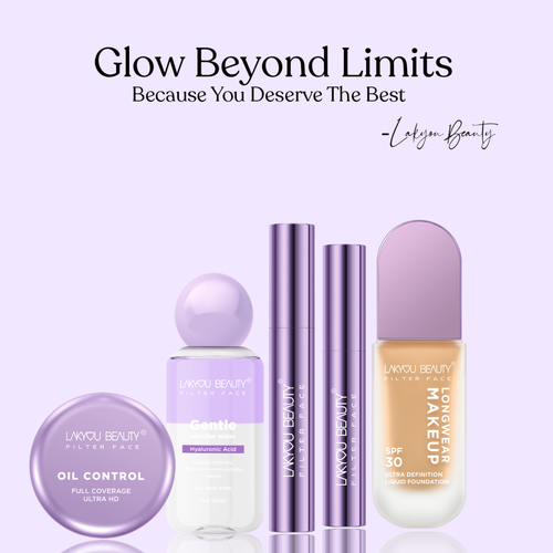 Lakyou Beauty product set with bottles and packaging on a light purple background, featuring the brand name.