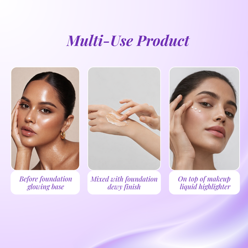 Product usage demonstration on skin with text indicating its multi-use applications.