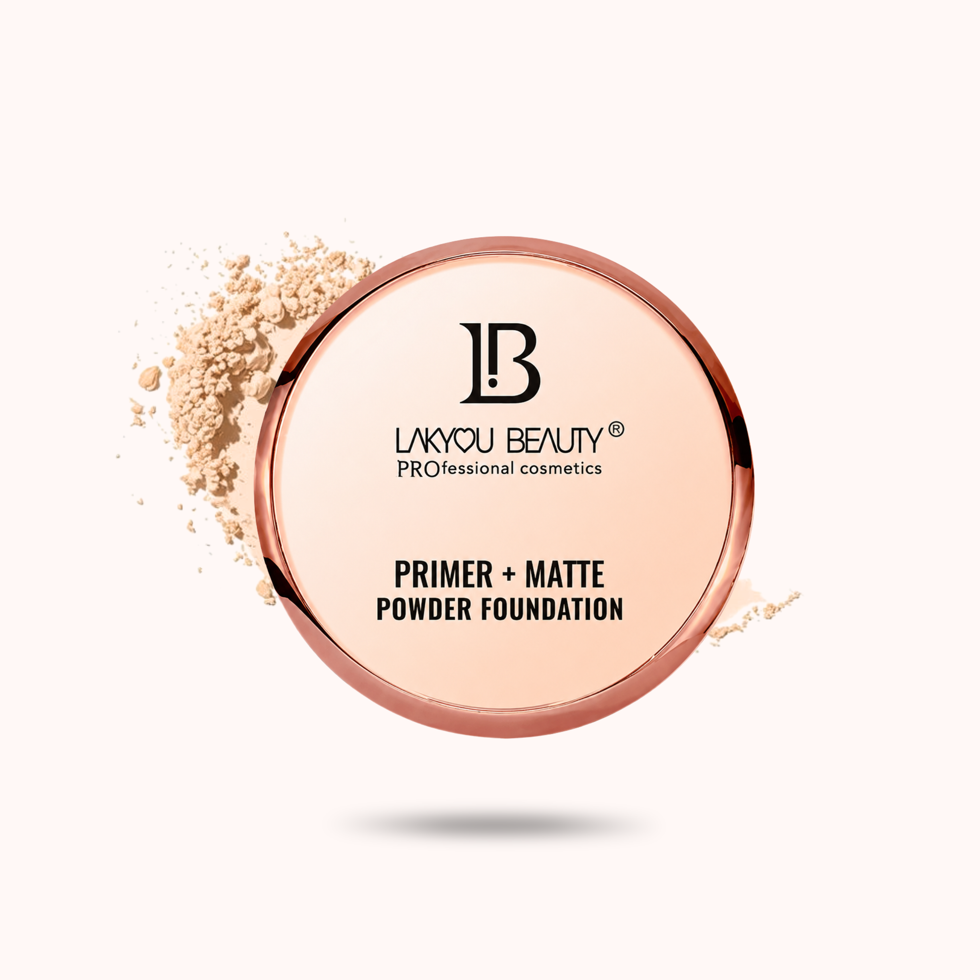 A round compact of Layou Beauty Primer + Matte Powder Foundation with a rose gold metallic rim and black text, shown on a pale pink background with a light beige powder smear behind it.
