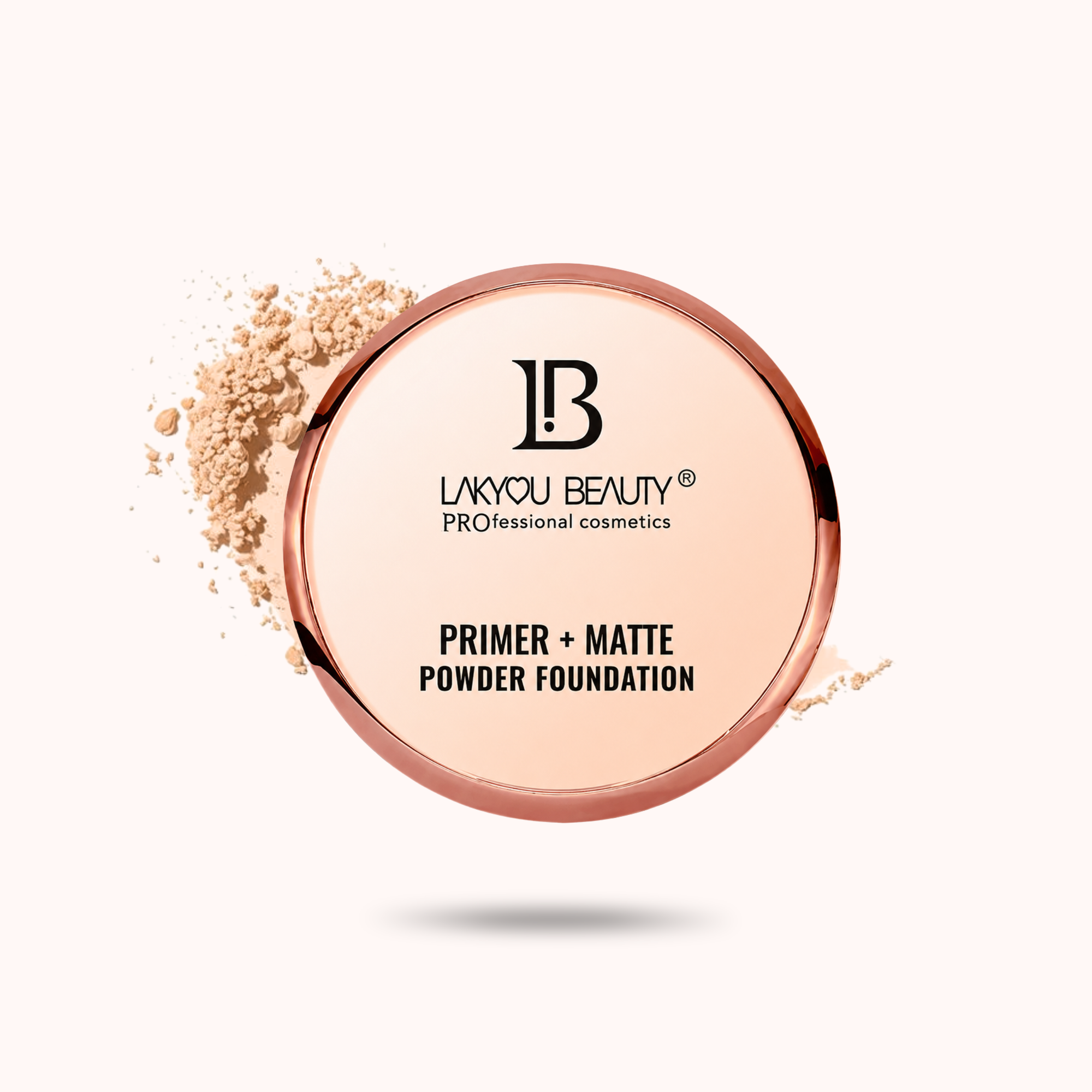 A round compact of Lakyou Beauty Primer + Matte Powder Foundation with a rose gold metallic rim and black text, shown on a pale pink background with a light beige powder smear behind it.