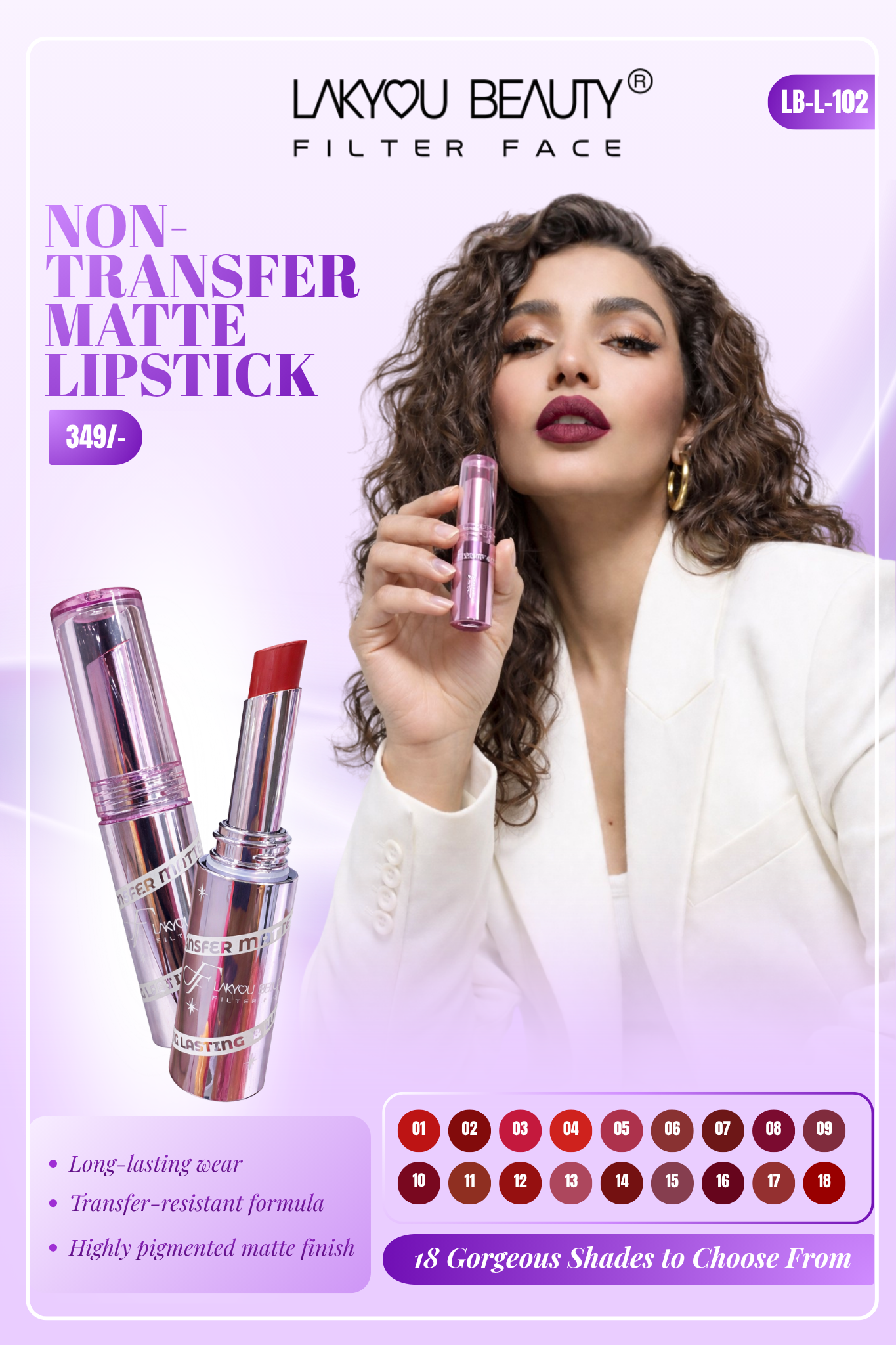 Lakyou Beauty Non Transfer Matte Lipstick with a model holding the product on a purple background