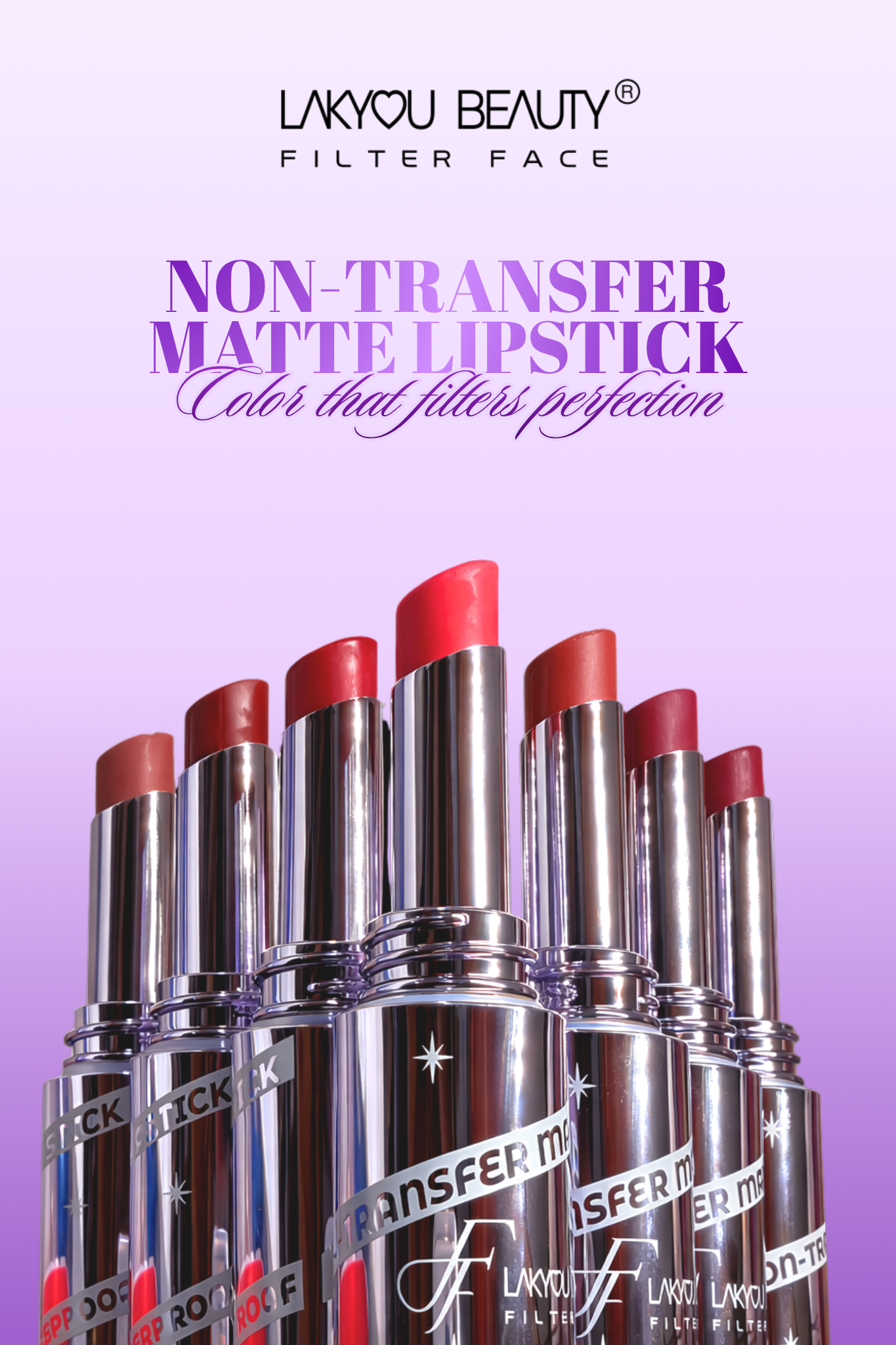 Lakyou Beauty non-transfer matte lipstick set on a purple background