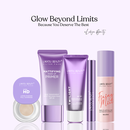Makeup products with 'Lakyou Beauty' branding on a white background