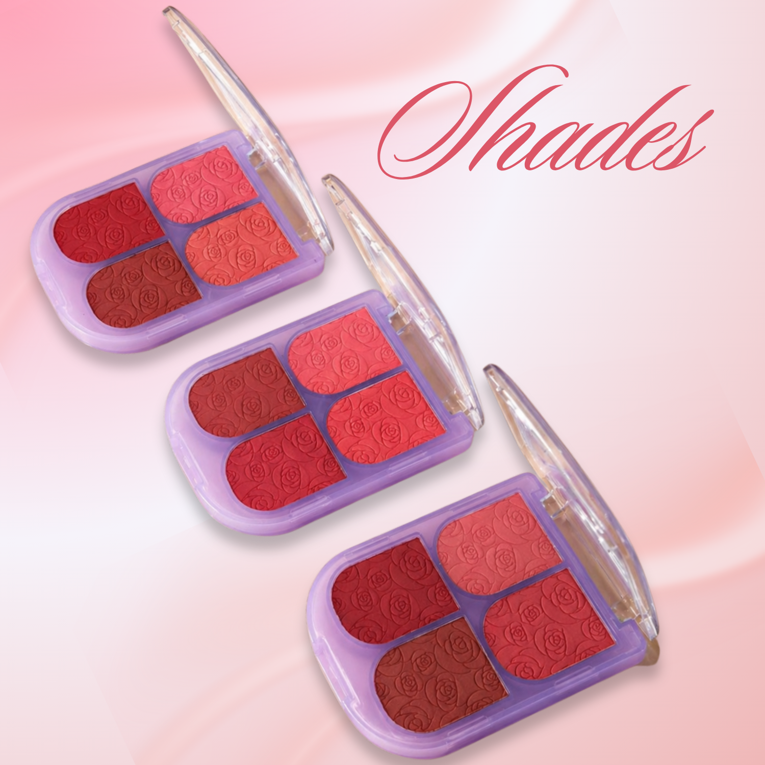 Three red makeup palettes with a purple case on a pink background, featuring the word 'Shades'.