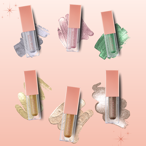 Set of lip glosses with colorful applicators on a pink background