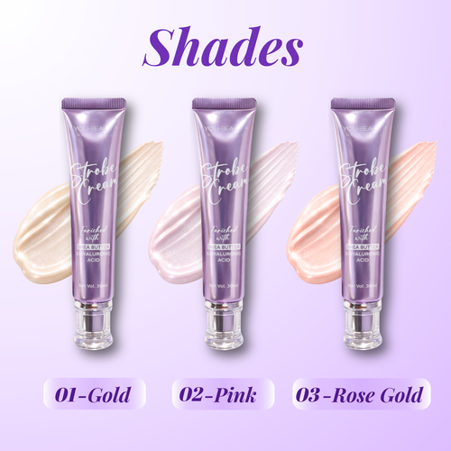 Three tubes of Stroked Cream with color swatches on a purple background
