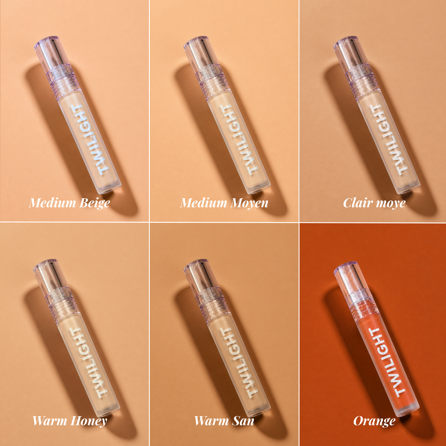 Collage of Twilight makeup products on a brown background