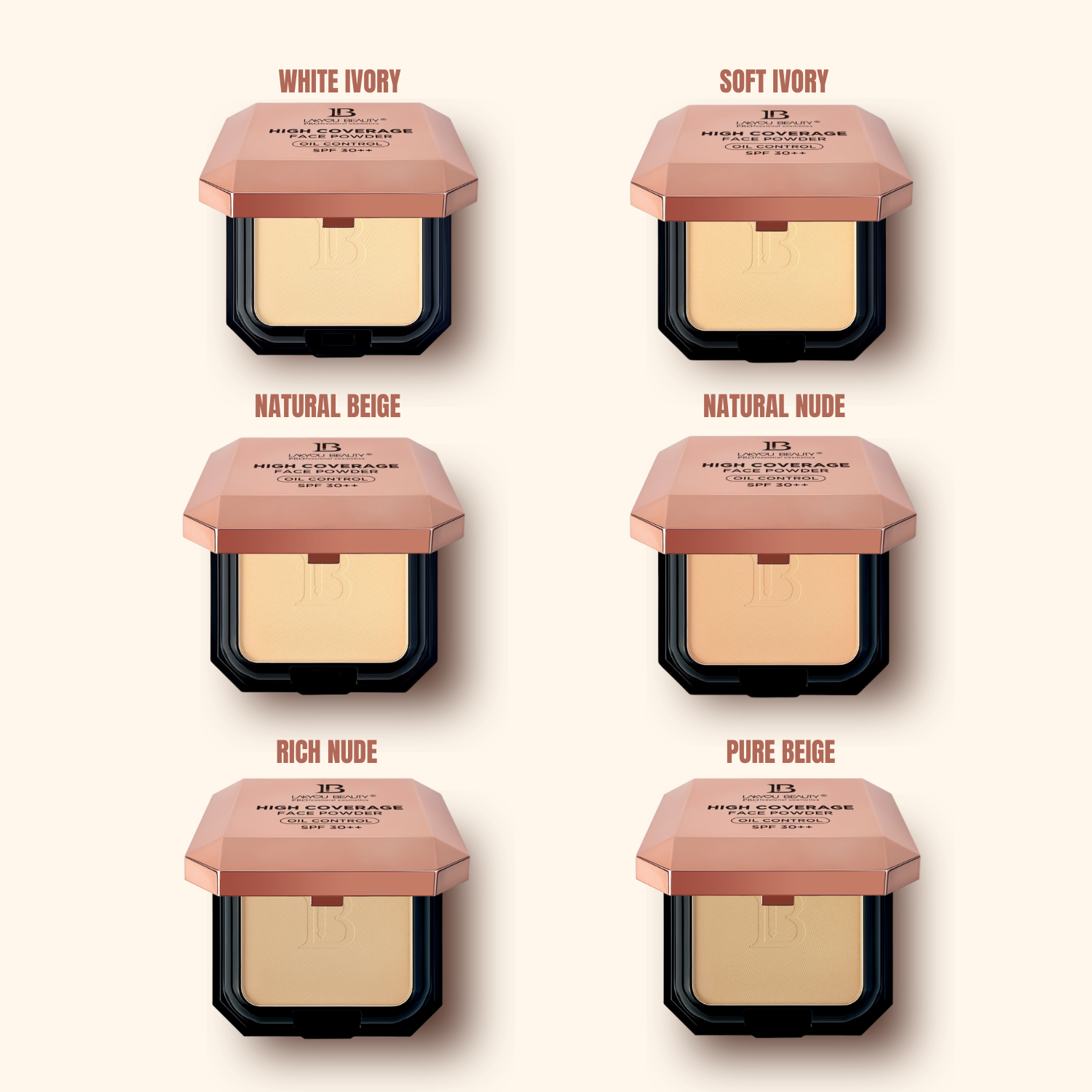 Six compact powder cases with different shades on a white background